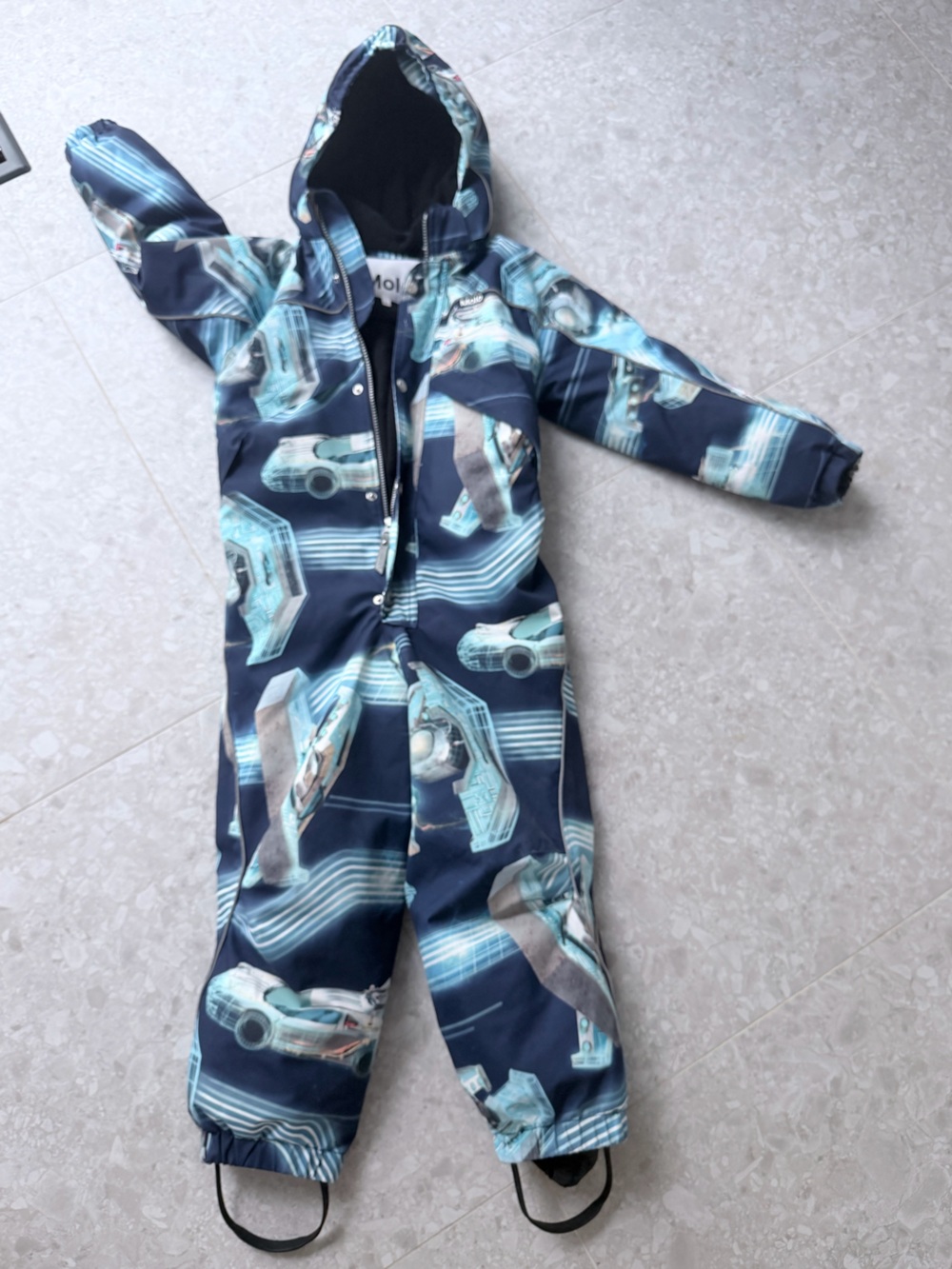 Molo Navy Blue and Aqua Car-Print Kids One-Piece snowsuit